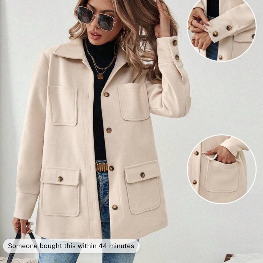 Cream Utility Jacket with Wide Lapel Collar and Oversized Fit